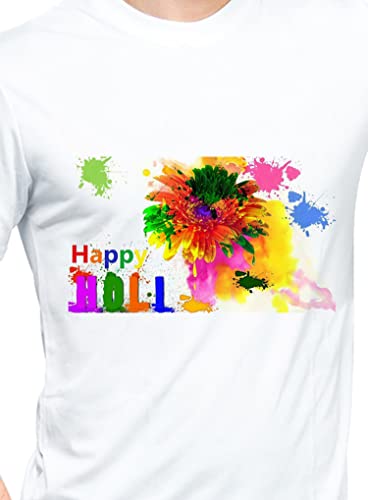 Image of Knitted Polycotton Fabric Regular Fit Men Boys Half Sleeve T-Shirt for Festival of Holi Style 22 White Size : Free