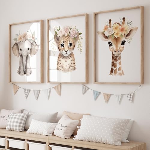 3 Laminas Animales Salvajes 30X40CM Cuadros Bebe Habitacion Niño Elefante Jirafe Guepardo Flore Poster Animales Niños Lienzo Decorativo Infantil Bebé Laminas Infantiles Para Habitacion Bebé sin Marco