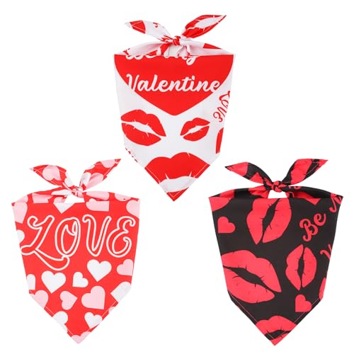 3pcs Valentine's Day Dog Bandanas, 3 Styles Universal Size Triangle Dog Scarf Bibs Heart Red Lip Romantic Holiday Dog Costume for Small, Medium, Large Dog Cat (Combination 2)