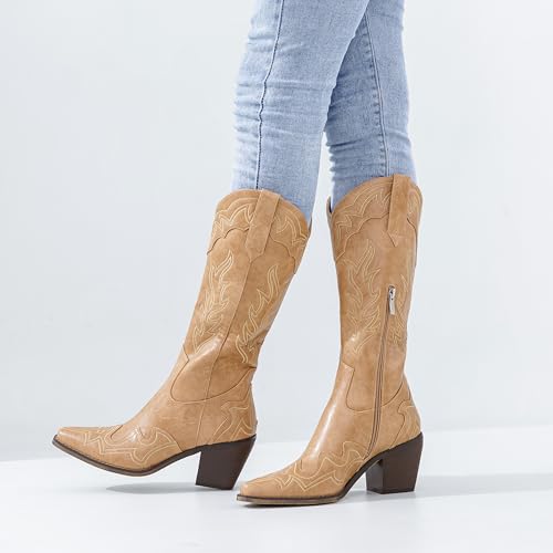 Image of ADAMUMU Womens Wide Calf Cowboy Boots Classic Western-Style Cowboys Boots for Women Pointed Toe Womens Cowgirl Boots with Chunky Heel Non-Slip Sole for Adding Timeless Elegance to Your Wardrobe