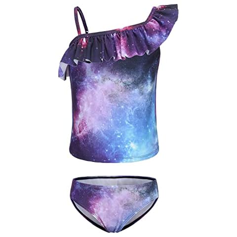 Zestonie Big Girls Two Piece Tankini Swimsuits Tie Dye Bathing Suit for Kids One Shoulder Swimwear Nebula Tie Dye Size 12/10-12 Years Cover