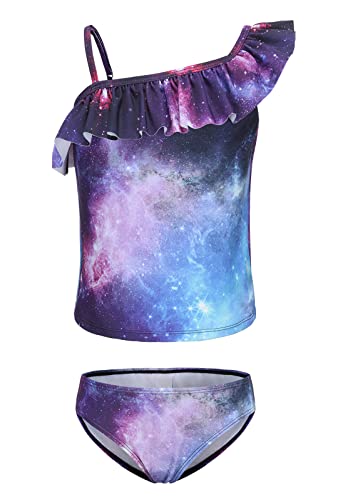 Image of Girls Two Piece Tankini Swimsuits Tie Dye Bathing Suit for Kids One Shoulder Swimwear 3-16 Years