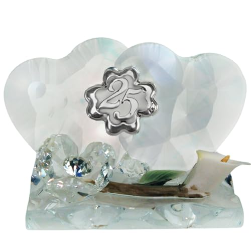 DLM-AB998 Bomboniera coppia cuore in cristrallo brillante con fiore calla in porcellana e strass diamante quadrifoglio porta fortuna x 25 anniversario di matrimonio