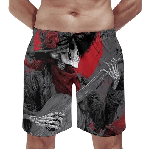 Day of Death Gothic Skeleton Playing Guitar Mens Swim Trunks Quick Dry Beach Swimming Shorts with Mesh Lining and Pockets