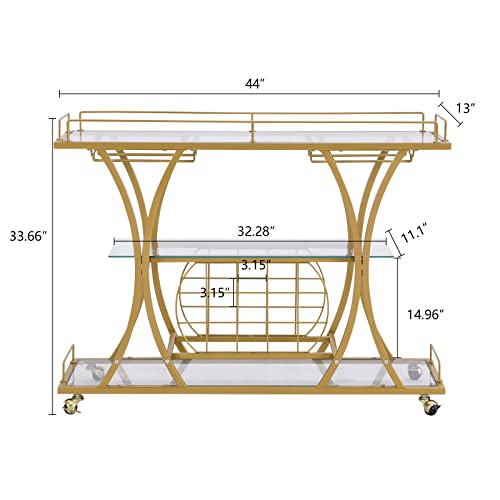 Kivenjaja Gold Bar Cart, Kitchen Serving Cart With Wine Racks & Glass Holder, 3-Tier Mirrored Shelves Metal Frame Mobile Coffee Wine Barcart Trolley On Wheel For Home #TOP4