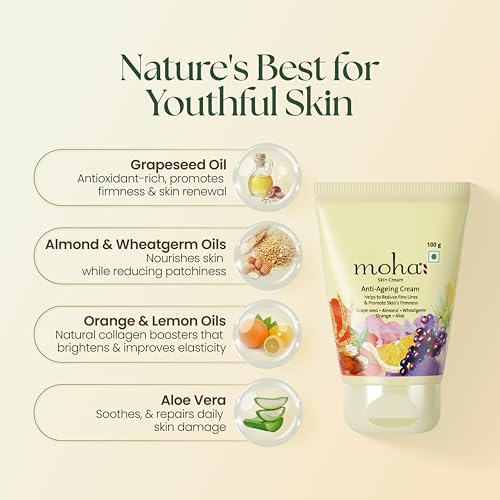 Image of Moha Anti Ageing Cream for Fine Line & Wrinkles | Restores Skin Firmness & Reduces Pigmentation | Enriched with Grapeseed Oil, Aloe Vera & Wheat Germ for Collagen Boost & Radiant Glow | Dermatologically Tested for All Type of Skin - 100g (Pack of 2)