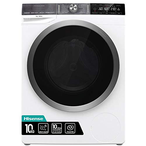Hisense WFGS1016VM - Lavadora Superior con Vapor, Carga Frontal 10 Kg, 1600 RPM, Clase A+++(-20%) Motor Inverter, 14 Programas, Puerta Extra Grande, Color Blanco,Gran Display LED, Bloqueo Infantil