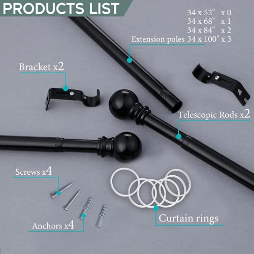 1 Inch Adjustable Grommet Curtain Rod-Black Curtain Rods For Windows 34 To 48" Drapery, Heavy-Duty Living Room Curtain Rod With 2 Brackets,Curtain Ring For Bedroom, Kitchen Outdoor Patio #TOP5