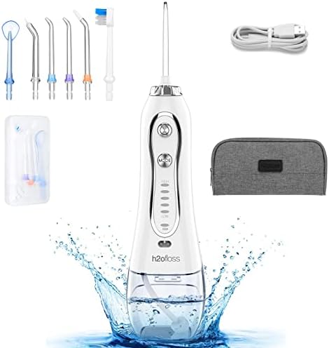 H2ofloss Water Flosser Portable Dental Oral Irrigator with 5 Modes, 6 Replaceable Jet Tips, Rechargeable Waterproof Teeth Cleaner for Home and Travel -300ml Detachable Reservoir (HF-6)