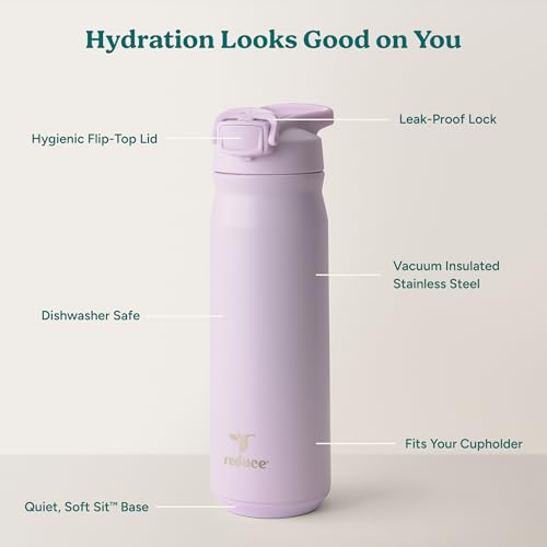 Image of REDUCE 24 oz Hydrate Pro Stainless Steel Insulated Water Bottle - Flip Top Leak-Proof Lid, Dishwasher Safe, BPA-Free, Dual Wall Vacuum, Keeps Drinks Cold for 48 Hrs, Cup Holder Friendly - Lilac Bud