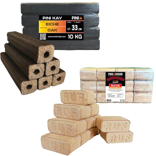 PINI Briquetas de madera de haya 100 % de madera de haya, para chimenea, horno, barbacoa, chimenea, chimenea, leña, 10 kg + briquetas de madera de roble PINI Kay de 33 cm de largo, cuadradas con