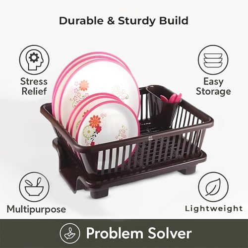 Image of Plastic Kitchen Dish Drainer Rack with Drying Tray & Cutlery Holder | 23 x 46 x 56 cm Utensil Stand & Bartan Stand | Mesh Design Dish Drying Basket Organizer for Kitchen Counter - Brown