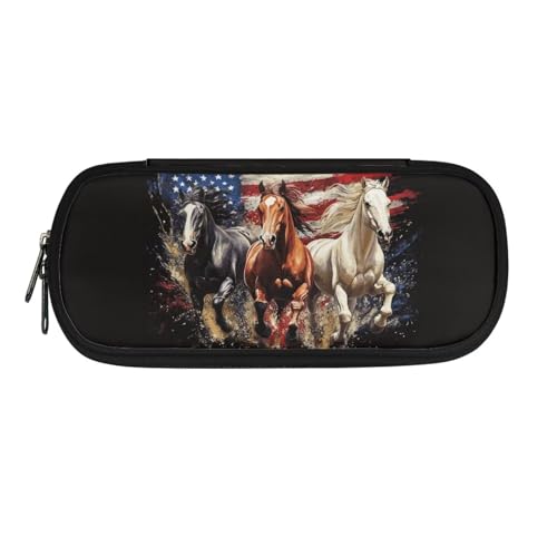 Image of American Flag Horse Pencil Case for Adults Kids Aesthetic Pencil Bag Big Capacity Pen Pouch Portable Pen Holder Stationery Organzier Travel School Office Desk