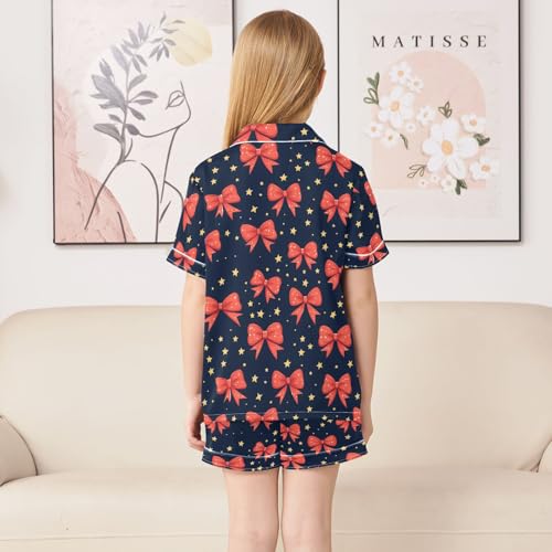 ALAZA Red Bow Star Blue Satin Pajamas Set Short Sleeve Button Down Sleepwear Summer Pjs 2 Piece4
