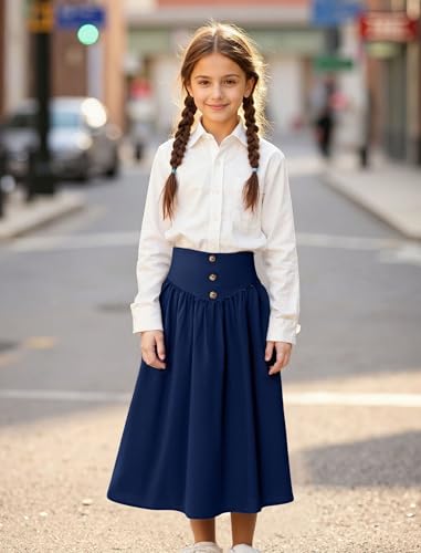Image of Girl Maxi Skirt Elastic High Waist A-Line Long Skirt Smocked Waistband with Drawstring and Pockets 3-12 Years