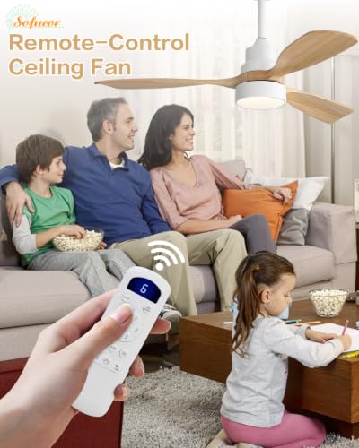 Image of Sofucor 48 Inch Wood Ceiling Fans with Lights, Flush /Downrod Mount, Remote | Quiet Reversible DC Motor, 3CCT Dimmable, 6 Speeds, Timer, Indoor /Outdoor /Bedroom /Living Room /Patio /Kitchen, Natural Wood