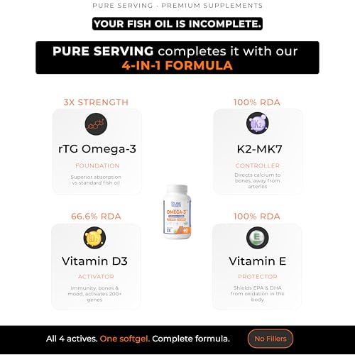 Image of Omega 3 Fish Oil Capsules | Triple 3X Strength 450mg EPA & 300mg DHA | Re-Esterified Triglyceride (rTG) Form | Vitamin D3 K2-MK7 & Vitamin E | Lemon Flavour | Burpless | Pack of 2 | 120 Softgels