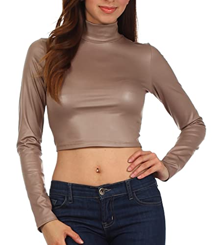Image of Sakkas Matte Liquid Mock Neck Turtleneck Long Sleeve Crop Top - Made in USA