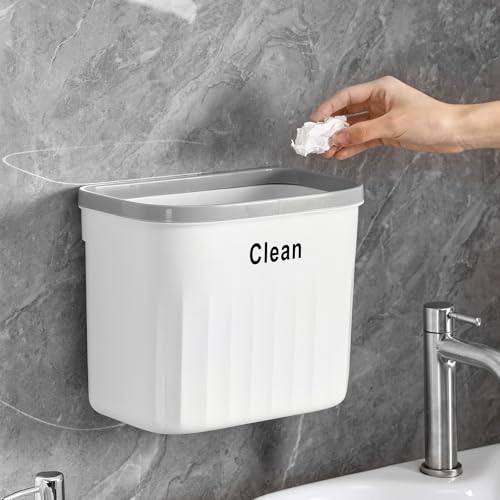 Image of Hanging Trash Can for Kitchen, 2.2 Gallon Kitchen Garbage Bin Food Waste Container Kitchen Compost Bin Wall Mounted Trash Can for Kitchen Cupboard Bathroom Bedroom Office Under Sink - White
