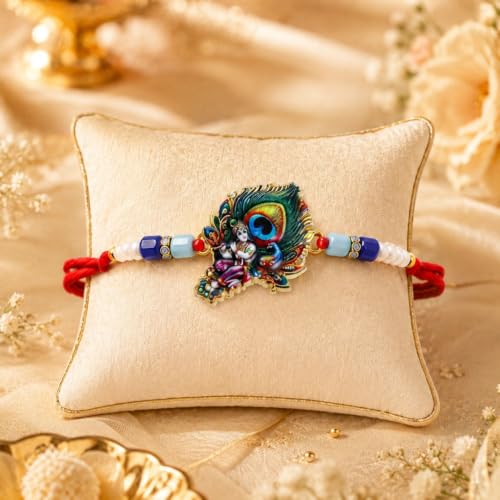 Image of DeoDap Rakhi with Chocolate & Pooja Thali for Bhai - Feather Design Rakhi with Chocolate, Silver Color Coin, Greeting Card, Pooja Thali & Tilak Set - Raksha Bandhan Pack (K1 1957 CB32 AA19)