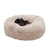 Picture of Furhaven 30" Round Calming Donut Dog Bed for Medium/Small Dogs, Refillable w/ Removable Washable Cover, For Dogs Up to 45 lbs - Shaggy Plush Long Faux Fur Donut Bed - Taupe, Medium