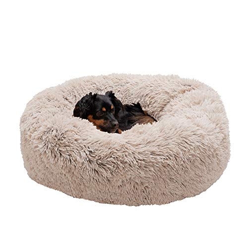 Furhaven 30" Round Calming Donut Dog Bed for Medium/Small Dogs, Refillable w/ Removable Washable Cover, For Dogs Up to 45 lbs - Shaggy Plush Long Faux Fur Donut Bed - Taupe, Medium by Furhaven - Used condition - US$28.27