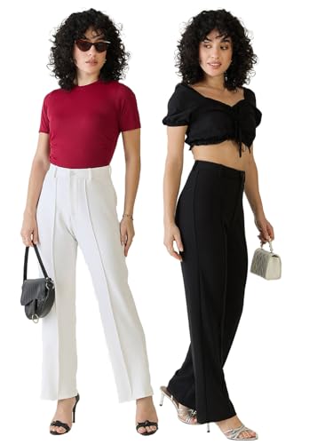Image of KOTTY Women's Formal Wear Pant Combo Pack of 2 High Waist Straight Fit Office Wears Trousers For Women
