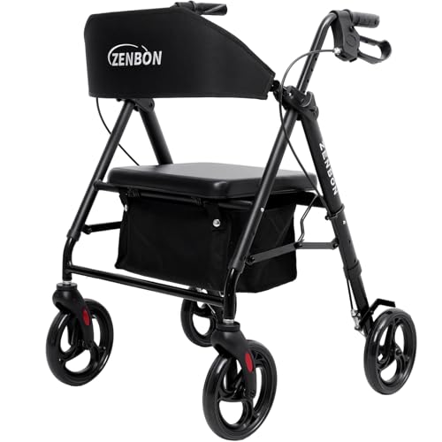 Andador para Ancianos con Asiento: Andadores para Personas Mayores Andador Plegable   Andadores con llantas de 20cm para Todo Terreno viaje de Aluminio Ajustable en 6 Posiciones de Altura (Negro)