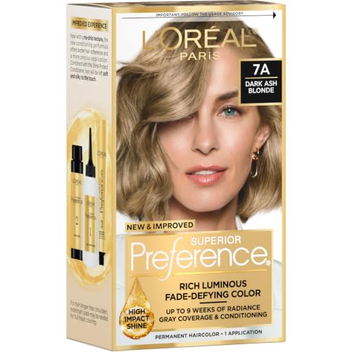 L'Oreal Paris Superior Preference Luminous Fade-Defying Permanent Hair Color, Hair Dye For Up to 9 Weeks of Radiance, Dark Ash Blonde 7A, 1 Hair Dye Kit