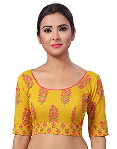 Image of Studio Shringaar Women's Yellow Jaipuri Block Printed Pure Cotton Readymade Saree Blouse with Elbow Length Sleeves