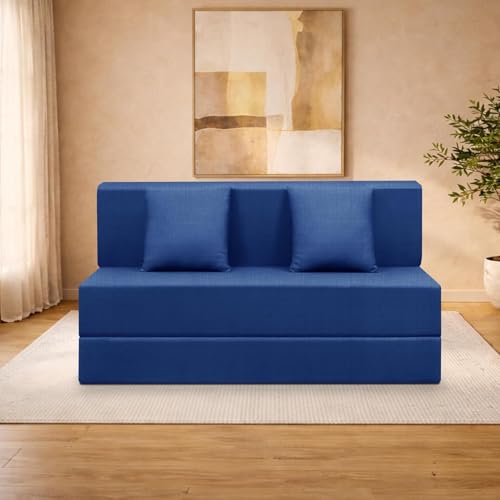 Image of 4x6-Feet 2-Seater Sofa Cum Bed Foldable Sofa Cum Bed Washable & Zipper |Jute Finish Fabric - Blue-Color