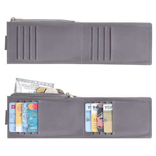 Image of Chelmon Women's RFID Slim Card Holder Wallet | Thin Bifold Multi Card Case with Zipper Coin Pocket Purse for Women(Light Grey Smooth)