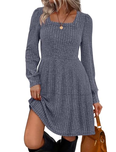Image of Sampeel Womens Square Neck Long Sleeve Fall Dresses Casual Babydoll Sweater Dress