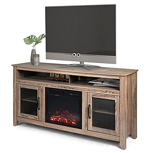 Lynslim Entertainment Center For 65 Inch With Fireplace - Farmhouse Tv Stand With Storage Shelves & 2 Mesh Doors For Living Room, Industrial Tv Console Table For Entryway, Grey #TOP29