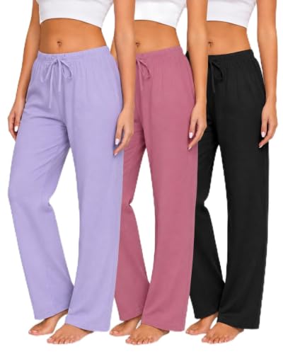 Image of Veseacky Women 100% Cotton Pajama Bottoms Comfy Soft Lounge Sleep Pants Drawstring Sleepwear 3 Pack S-XXL