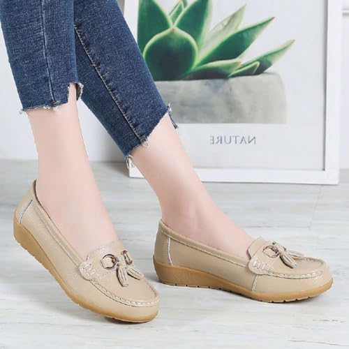 Image of Women's Genuine Leather Platform Loafers Classic Casual Comfort Slip-On Shoes Soft Sole Dress Shoes