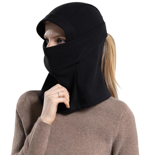 Ponytail Balaclava Ski Mask Full Face Cover Hood Winter Running Motorcycle Women (A-Black)