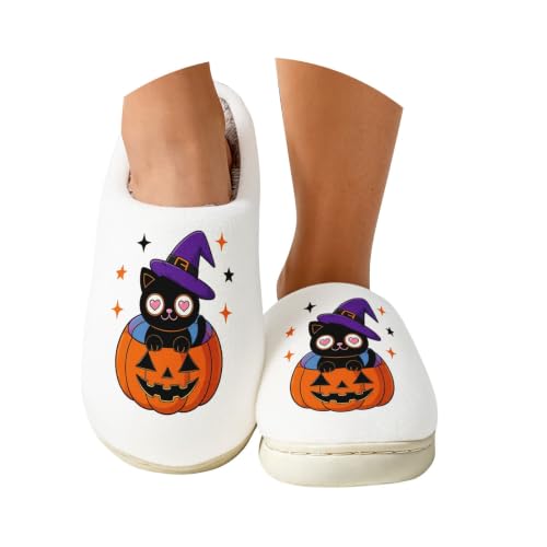 �ܐ�J�o�[ ���[���X���b�p �����Y ��܂� Halloween Pumpkin Witch Hat Print Slippers For Women Closed Toe Fuzzy Warm Indoor ����~�� �g�C�� ������� �傫���T�C�Y
