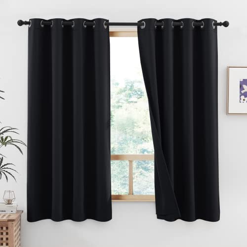 Image of NICETOWN 100% Blackout Curtain Set, Thermal Insulated & Energy Efficiency Window Draperies with Same Color Liner, Noise Reducing Short Curtains for Living Room (Jet Black, 42 inch W x 63 inch L, 2 Panels)