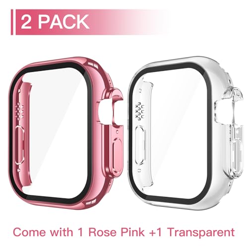 Image of Misxi 2 Pack Hard PC Case with Tempered Glass Screen Protector Compatible with 49mm Apple Watch Ultra 3 (2025) / Ultra 2 / Ultra, Anti-Drop Scratch Resistant Lightweight Cover for iWatch, 1 Rose Pink + 1 Transparent