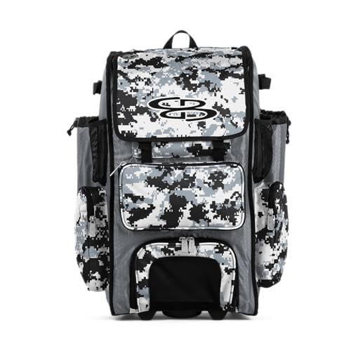 Boombah Rolling Superpack Baseball/Softball Gear Bag - BRSP2CMC23 Digital Camo Gray/Black - Telescopic Handle - Holds 4 Bats - Wheeled Version
