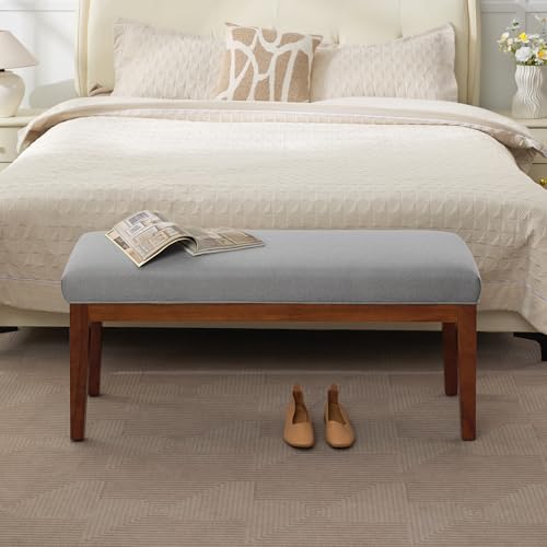 Image of WUTUTUEE 43.5'' Linen Bedroom Bench, Upholstered End of Bed Bench, Padded Vintage Dining Bench, Entryway Bench with Solid Wood Legs, Kitchen, Living Room, Hallway, Light Grey