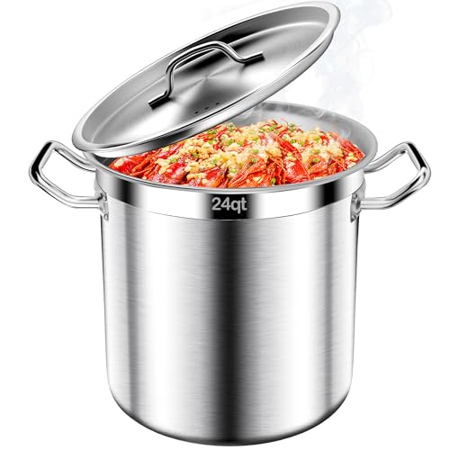 Stainless Steel Stock Pot-24QT Heavy Duty Induction Cooking Pot with Lid Commercial Grade Stock Pot & Stockpots for Boiling Cooking Soup Stew Canning Cooking Pots Deep Cookware Big Stockpot