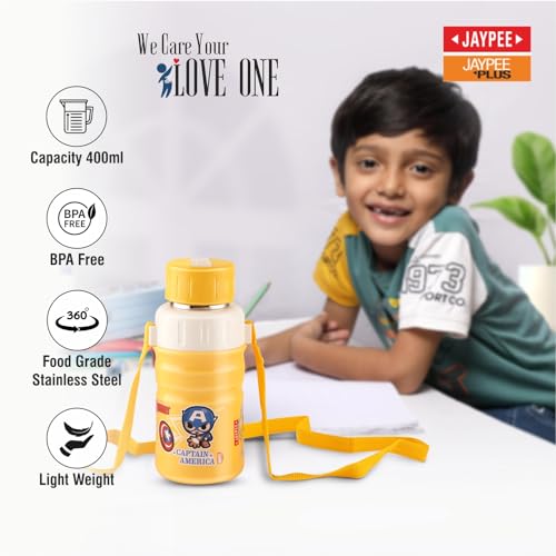 Image of JAYPEE Steel Safe 400 ml Inner Stainless steel Insulated Water bottle with Fliptop Lid, Marvel Super Heroes Yellow, Leakproof, BPA Free, Food Grade, School, Picnic Bottle & Sipper Bottle for Kids