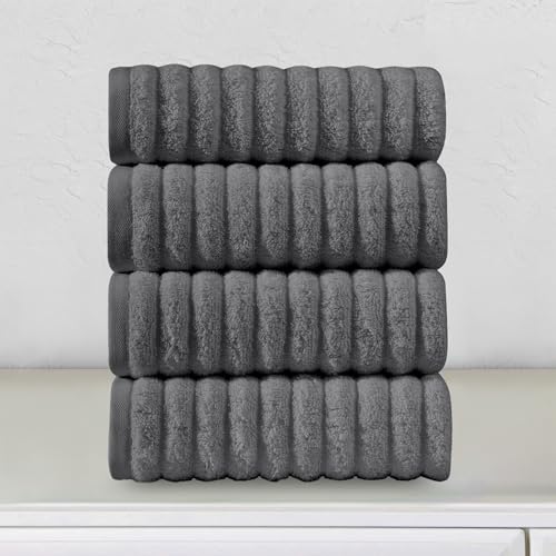 Image of Elegant Comfort Luxury 100% Turkish Cotton Corduroy Ribbed 4 Pack Hand Towel Set 16 x 28 Inch - Absorbent, Super Soft, Quick Dry, Premium Towels for Bathroom, Gym, Spa and Hotel Use, Gray