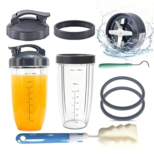 Hunnycook 11-Piece Replacement Parts Set for NutriBullet 600w/900w Series - 32oz Nutribullet Blender Cups with to-Go Lids Extractor Blade Sealing Gaskets Cup Rings Cleaning Brush & Crochet Hook