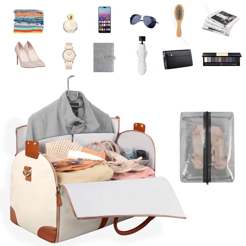 Image of Carry On Garment Bag, Large PU Leather Duffle Bag, Beige, Tote
