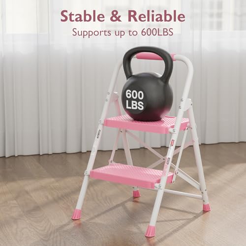 Image of BONTEC 2-Step Ladder, Folding Step Stools for Adults with Wide Anti-Slip Pedals, Max Load Capacity 600lbs Sturdy Steel Ladder, Lightweight, Convenient Handle, Portable Steel Step Stool, Pink