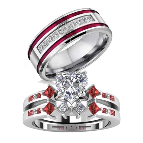 Couple Rings His Her Wedding Ring Set for Him and Her Matching Rings 1CT Heart AAA CZ Red Ring