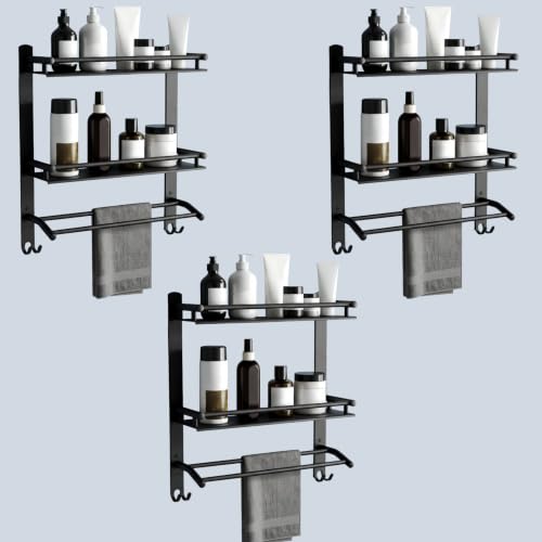 Image of GLOXY Premium Combo Pack of 3 Matte Black Stainless Steel Bathroom Shelves | 2-Layer Storage Rack with Towel Holder Bathroom Organizer for Home, Office & Restaurants
